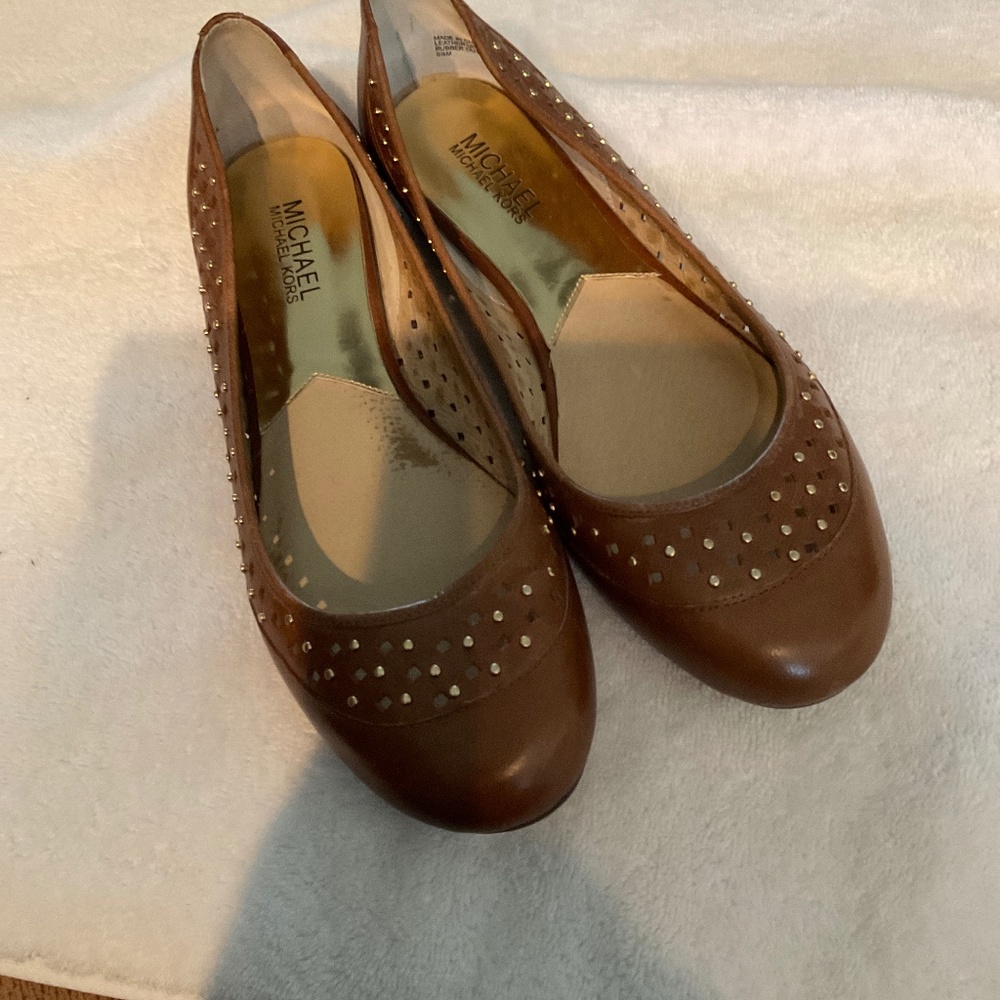 Michael Kors  Gold Studded and Perforated Tan Flat